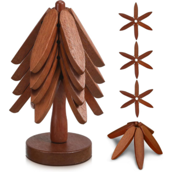 Premium Set of 4 Foldable Wooden Trivets for Hot Pots and Pans - Tree-Shaped Sapele Wood Table Protectors - Elegant Kitchen Decor (Sapele Wood-4 Trivets)