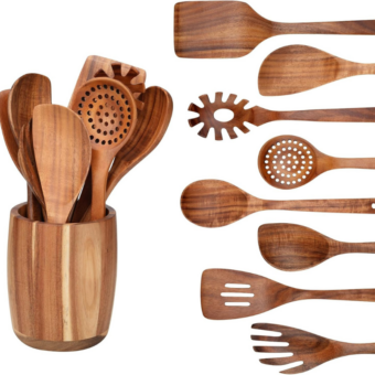 9 PCS Kitchen Utensils Set - Wooden Spoons for Cooking, Natural Teak Wooden Utensils - Includes Wooden Spoons, Spatula Set, Slotted Spoon - Handmade Wooden Spoon Set