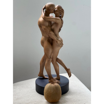 13.78'' Handmade Wooden Lovers Statuette - Romantic Beech Wood Sculpture