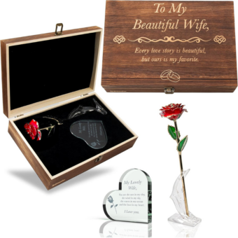 Gifts for Wife: Engraved Wooden Gift Set with crystal heart and 24K gold-dipped rose, perfect for Valentine’s Day or special occasions