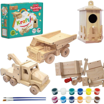 Children and adults enjoying the Kraftic Wood Model Kit Toy with DIY projects for Tow Truck, Birdhouse, and Dump Truck